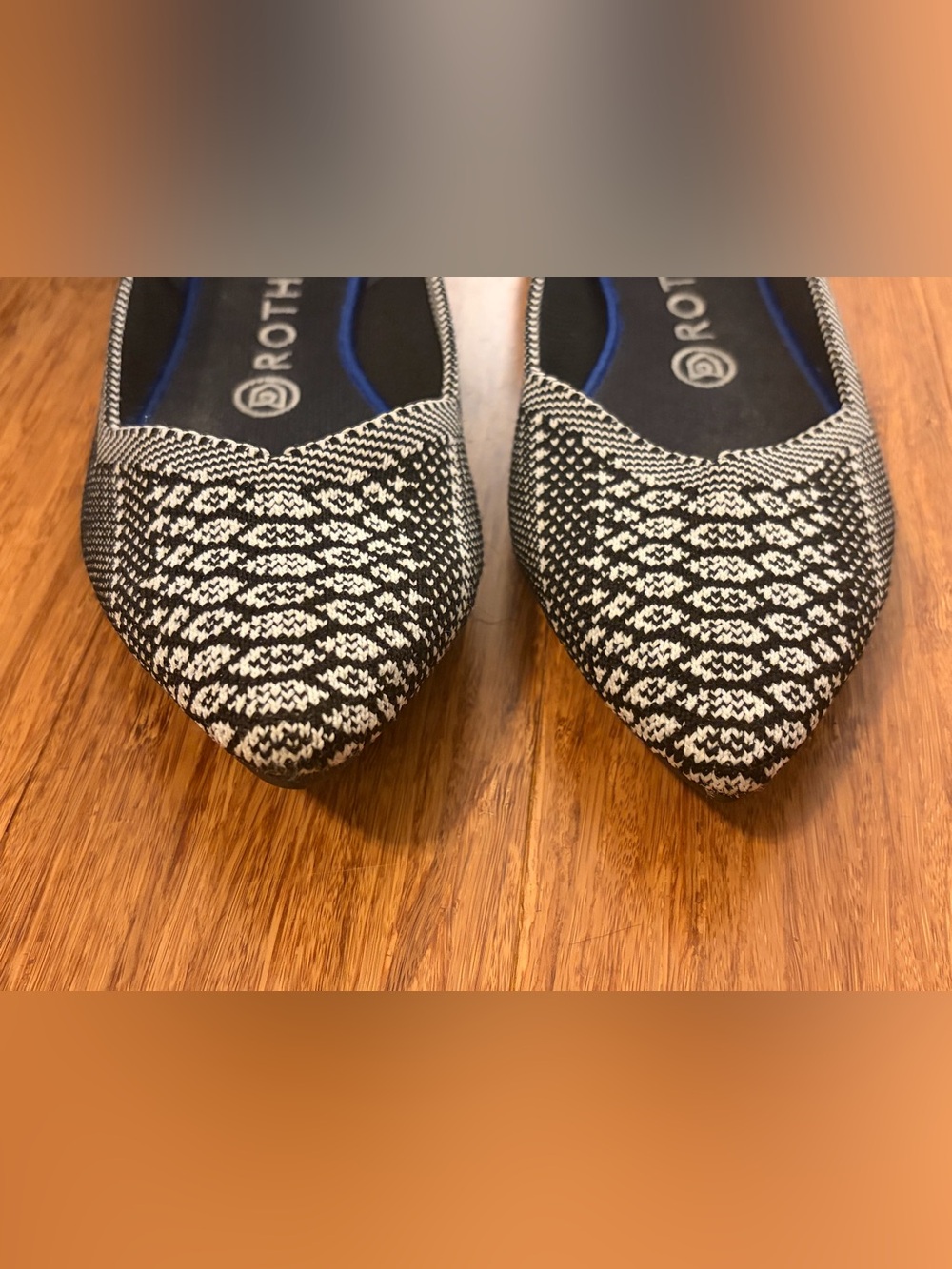 Rothy's Black & White Pointed Knit Flats with Cool Snake Print - Picture 7 of 11